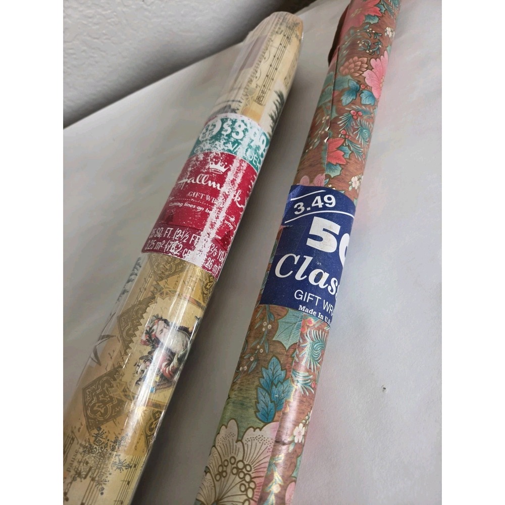 Vtg Christmas Wrapping Paper Hallmark Nostalgic Classic Red Pink Pionsetta